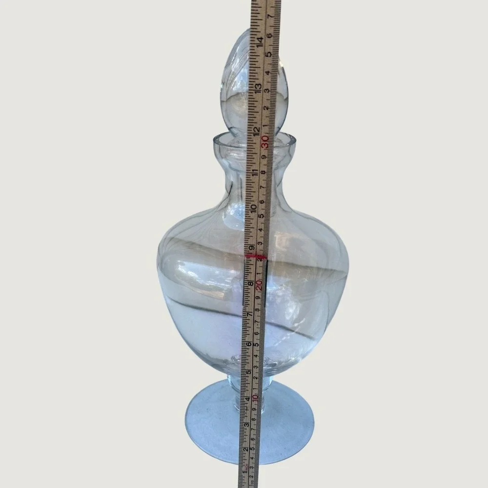 Vintage Tall Clear Hand Blown Glass Footed Decanter with Teardrop Stopper 14.5in